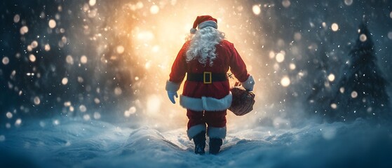 Naklejka premium Santa Claus walking through a snowy landscape, illuminated by soft lights, embodying the spirit of Christmas joy.