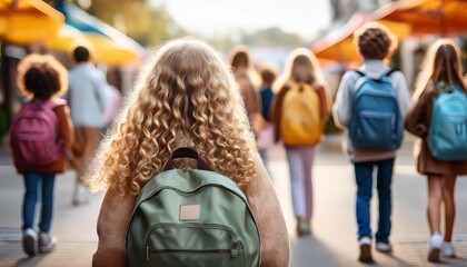 Back View of Curly Haired Girl with Friends Using a Backpack Going to Market. Back to School Consept.