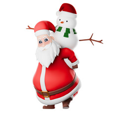 anta Claus Cartoon Festive Christmas. A Santa Claus man walks while carrying a snowman in both hands. 3D Holiday Style