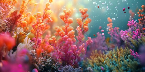 Obraz premium Vibrant Coral Reef Underwater Plants Ocean Life Nature Scene Text Space