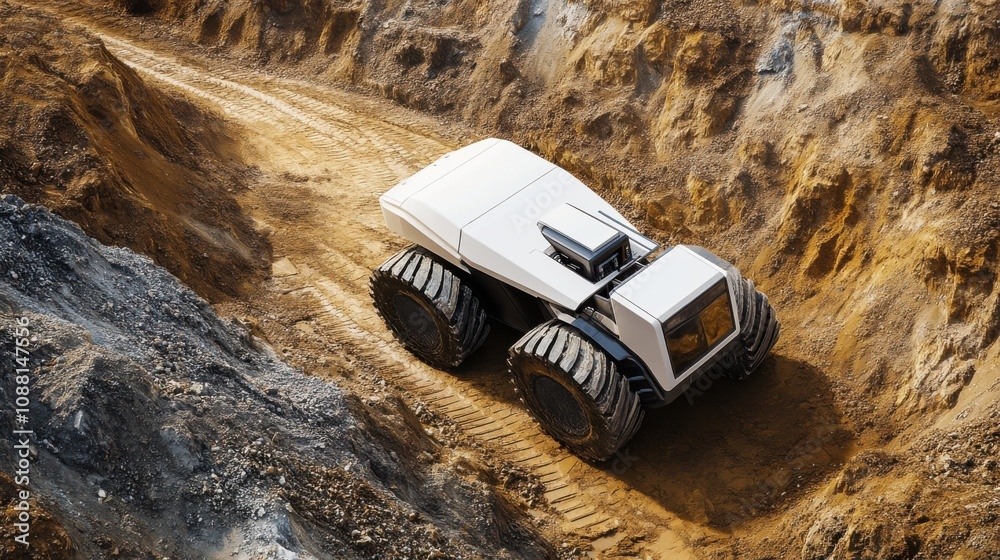 Aufkleber A high-tech AI-driven autonomous vehicle for mining operations, clean mining site with vehicles designed for efficient extraction and transportation of minerals, Mining Operations style
