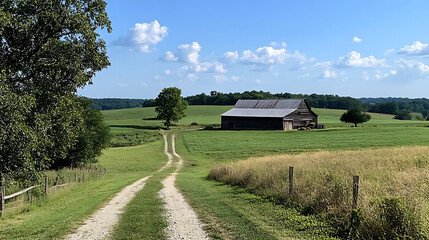 Obraz premium A dirt road leading through green pastures and farmland with a rustic barn in the distance 