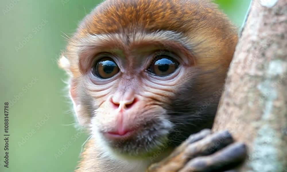 Poster Adorable Young Monkey Peering Curiously from Behind a Tree in a Natural Habitat Setting : Generative AI