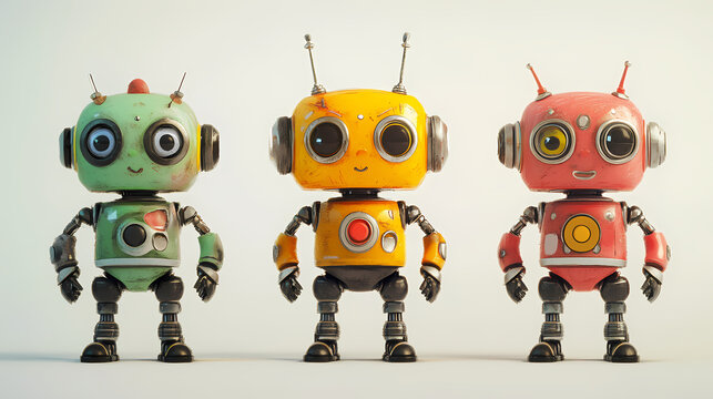 Whimsical recycled robot character in chibi style on clean background. Playful Toy Robots. Illustration