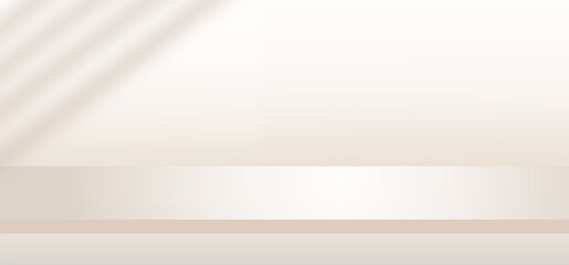 Background Beige Wall Studio with Shadow and Light on Surface Texture on table,Spring Backdrop Empty Room with Podium Display and Top Shelf Bar for Product,Template Banner for Autumn collection