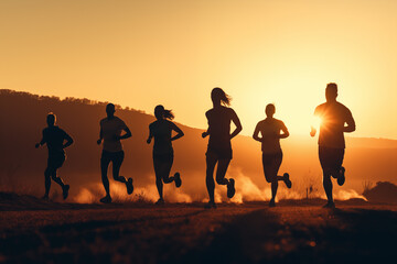 Groups of runners enjoy an evening jog along a scenic trail as the sun sets, casting a warm glow over the landscape and emphasizing their silhouettes.
