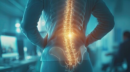 A person with back pain is holding their lower spine, close-up of the vertebrae in an illustration style. The background shows blurred hands 