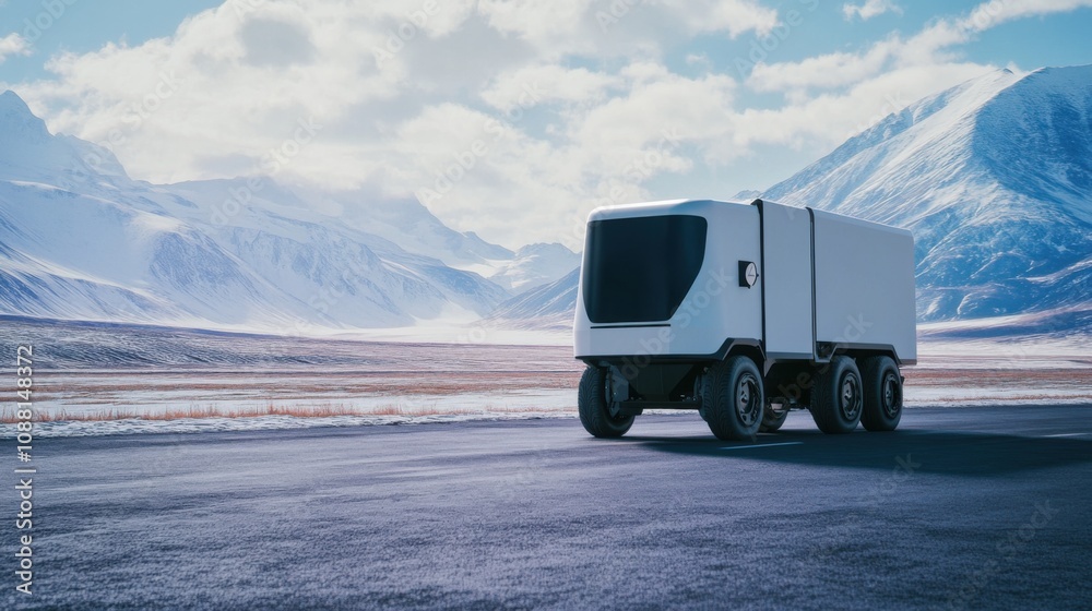 Poster A high-tech AI-driven autonomous vehicle for remote location logistics, clean remote area with vehicles designed for efficient transportation and delivery in challenging environments