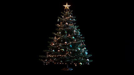A Christmas tree glowing against a black background