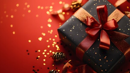 Fototapeta premium Elegant black gift box with a red ribbon on a festive background.
