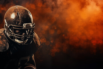 A football player wearing a protective helmet and a dirty uniform stands ready in a dynamic pose.