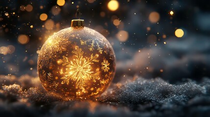 A Christmas bauble made of sparkling crystal snowflakes, glowing softly in the night air, with delicate golden light reflecting off the frosted surface