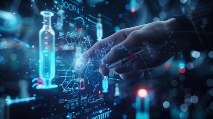 Scientist is interacting with a futuristic holographic interface, analyzing medical data and simulations with a virtual syringe, showcasing advancements in medical technology and research