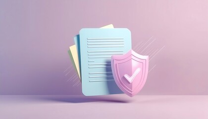 A digital illustration of colorful documents and a pink shield, symbolizing document security and protection.