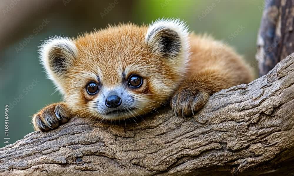Poster Red panda resting on a tree branch with a serene expression in a natural habitat setting : Generative AI