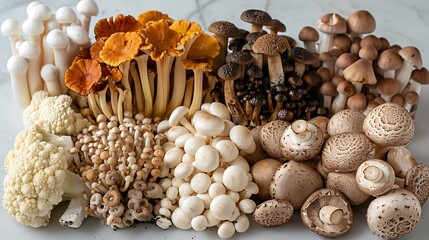 A beautiful photo of an assortment of mushrooms, including shiitake and button mushrooms 