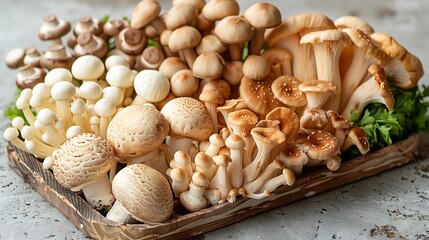 A beautiful photo of an assortment of mushrooms, including shiitake and button mushrooms 