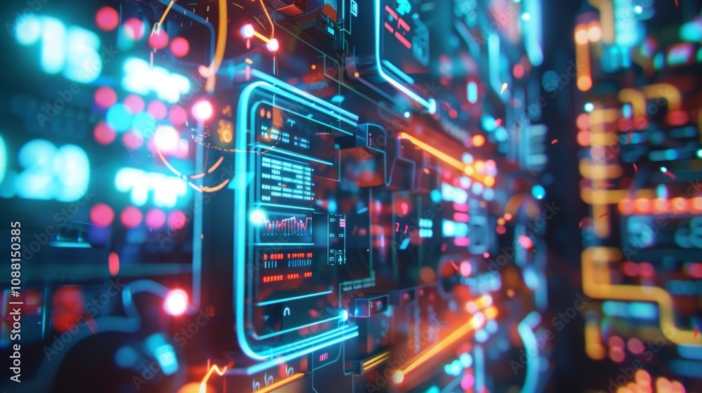 Poster glowing lines and colorful data streams flow through a futuristic server room, visualizing complex d