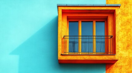 Obraz premium A vibrant orange window on a blue wall, showcasing modern architecture.