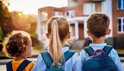 Fototapeta premium Back View of Ponytail Girl with Friends Using a Backpack Going to Home. Back to School Consept.