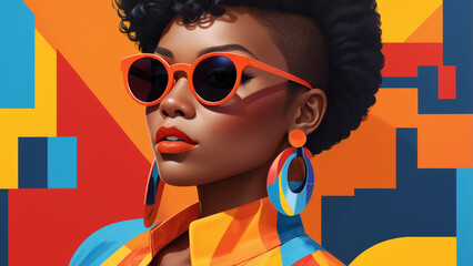 Portrait of a bold, stylish individual with dark skin, wearing oversized round orange sunglasses and vibrant red attire