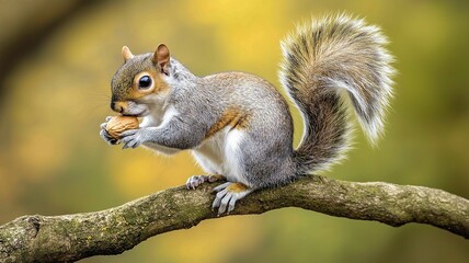 Squirrel Eating Nuts on Tree Branch in a Lush Background with Yellow Hues, Capturing the Essence of Nature's Wildlife Moments
