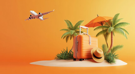 Obraz premium 3D travel luggage with sun hat and beach umbrella on tropical island