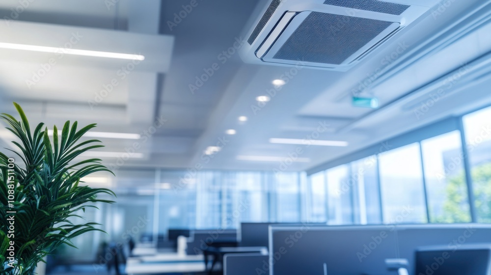 Poster A high-tech AI-driven smart climate control system for large buildings, modern office environment with integrated temperature and air quality management, Climate Control style