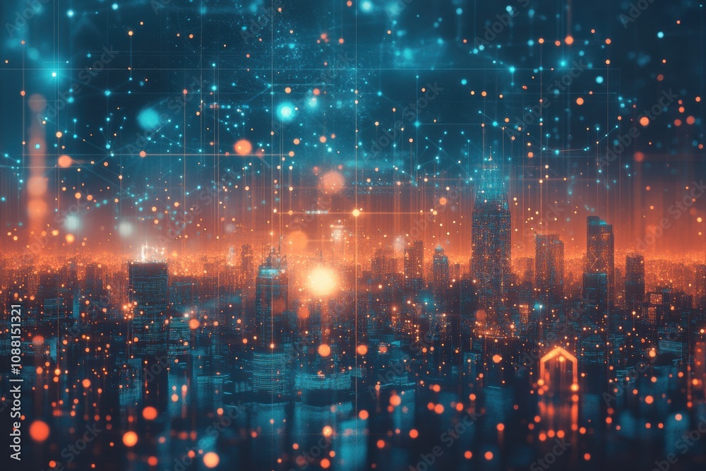 Poster twilight illuminates a smart city, where buildings are interconnected by a complex ai network, refle