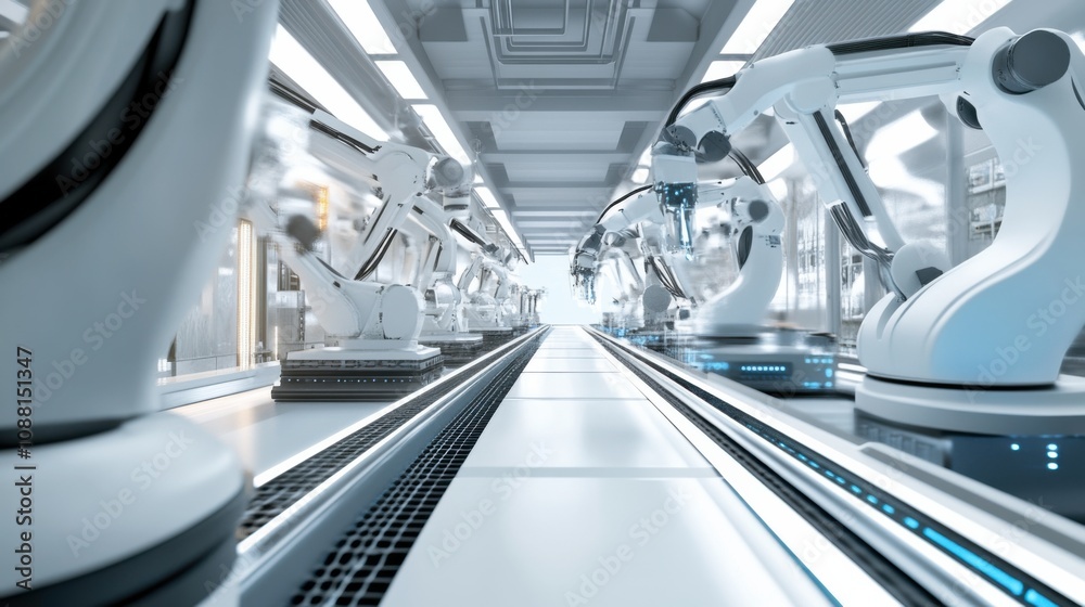 Aufkleber A high-tech AI-driven smart factory with robotics for assembly line automation, clean industrial setting with advanced robotic arms and real-time production monitoring, Industrial style