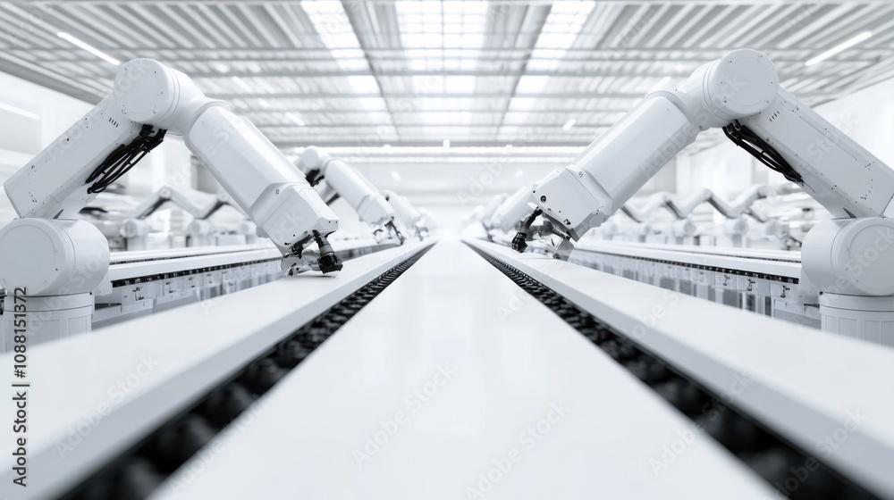 Aufkleber A high-tech AI-driven smart factory with robotics for assembly line automation, clean industrial setting with advanced robotic arms and real-time production monitoring, Industrial style