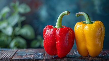 A beautiful photo of vibrant red and yellow bell peppers on a wooden table 