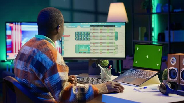Expert analyst providing online evaluations of finances next to chroma key, solving accounting tasks for authorized balance analysis. Economist consultant estimates global earnings. Camera A.