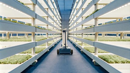 Naklejka premium Innovative robotic vertical farming in a modern greenhouse with led lighting