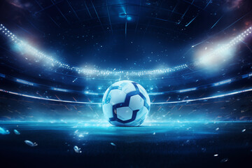 A glowing soccer ball sits at the center of a vibrant stadium filled with bright lights. Fans cheer in excitement as an important match unfolds during a thrilling night.