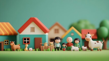 Fototapeta premium Happy Family Farm Life Cartoon Illustration