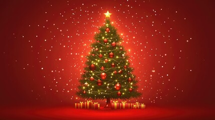 Christmas tree with red and gold decor, set on a warm red background with twinkling bokeh lights for a cozy holiday feel.