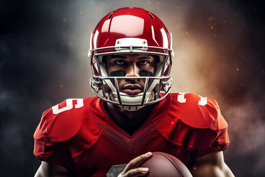 A male football player in a red uniform stands confidently, holding a football and gazing intensely. The background features dynamic lighting effects that emphasize his focus.
