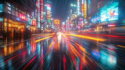 Obraz premium Rainy night cityscape with vibrant light trails and reflections on wet streets.