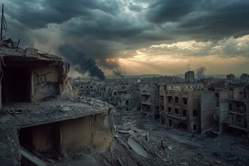 Fototapeta premium Devastation and destruction in a war-torn city under ominous clouds