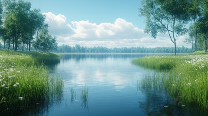 Fototapeta premium Serene lake scene surrounded by lush greenery and soft clouds.
