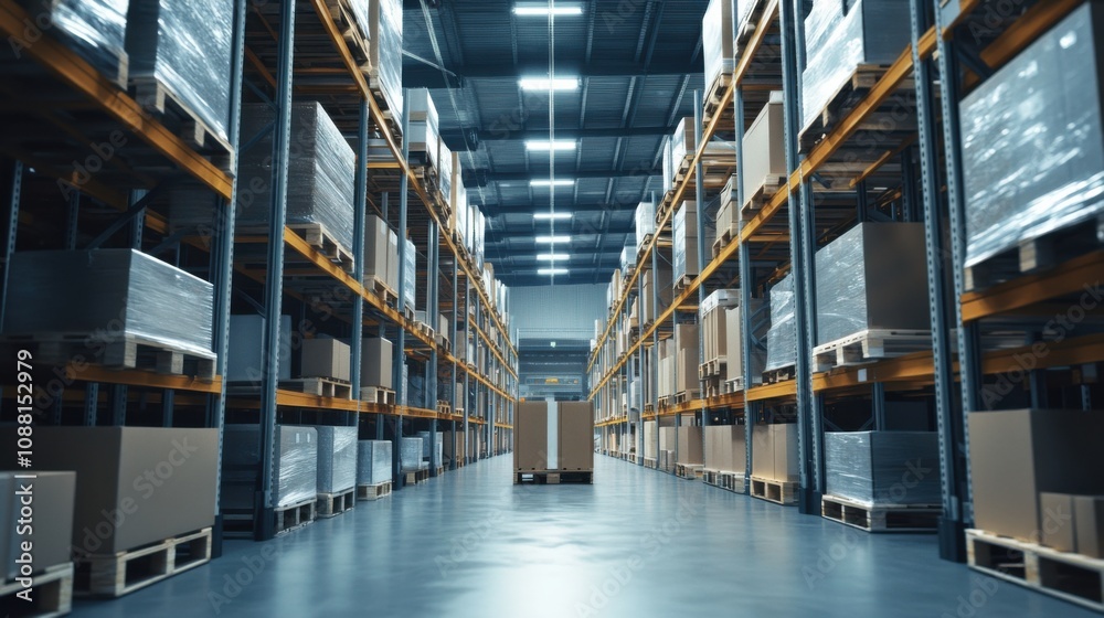 Poster a high-tech ai-driven smart warehouse management system, modern industrial setting with advanced rob