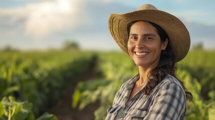 Smiling Hispanic woman farmer stands in lush green field under bright sky, showcasing her dedication and joy in agricultural work at age 30.