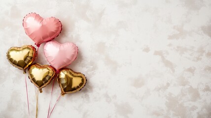Romantic Heart-Shaped Balloons in Gold and Pink on a Soft Textured Background Perfect for Celebrating Love and Special Occasions