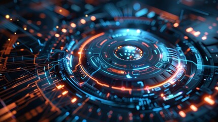 Complex circular motherboard radiating vibrant orange and blue light, symbolizing advanced computing and futuristic technology managing a large data flow