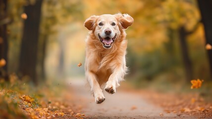 Joyful Golden Retriever Running Through a Vibrant Autumn Forest Path, Capturing Pure Happiness and Playfulness Among Nature's Beauty