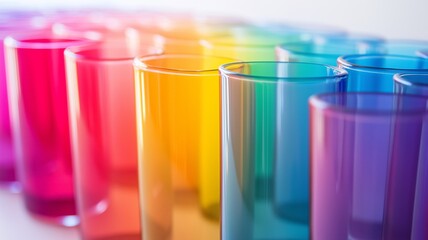 Vibrant Gradual Transition of Colorful Glasses with Bright Hues Captured in a Soft Background for Creative Use