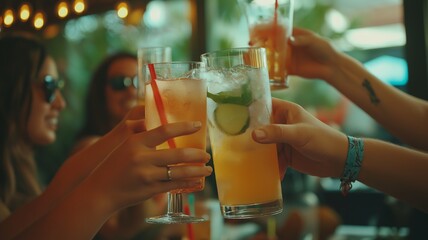 Group of Friends Cheering and Raising Glasses with Drinks in a Vibrant Social Setting, Celebrating Togetherness and Joyful Moments