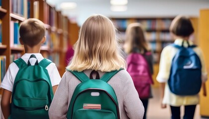 Back View of White Haired Young Girl with Friends Using a Backpack Going to Library. Back to School Consept.