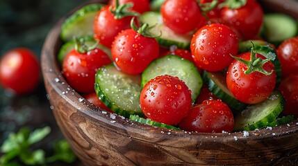 A crisp photo of sliced cucumbers and cherry tomatoes in a salad bowl 